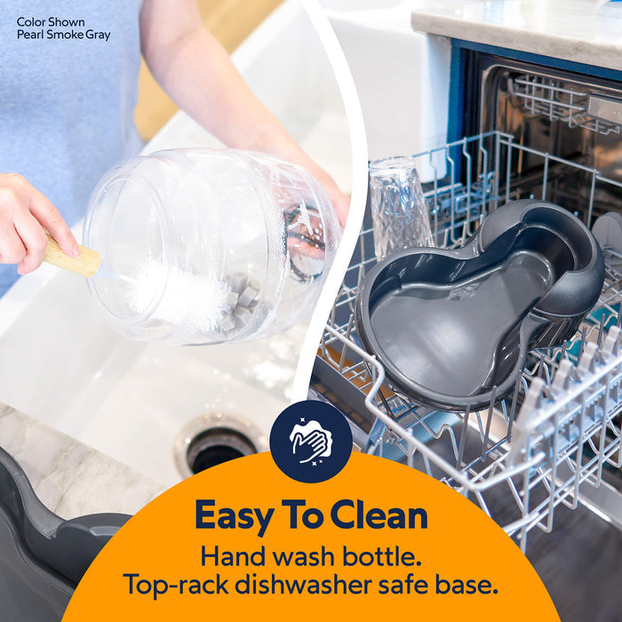 On the left, someone hand washes the Petmate Replendish Pet Feeder bottle; on the right, its Microban-protected base is in the top rack of a dishwasher. Text: Easy to Clean—Hand wash bottle; top-rack dishwasher safe base. Brand: Petmate.