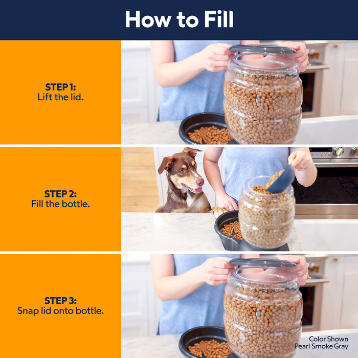 A step-by-step guide shows a person lifting the lid off the Petmate Replendish Pet Feeder with Microban, scooping in kibble as their dog watches, then snapping the lid closed. Each step includes text instructions. Brand: Petmate.