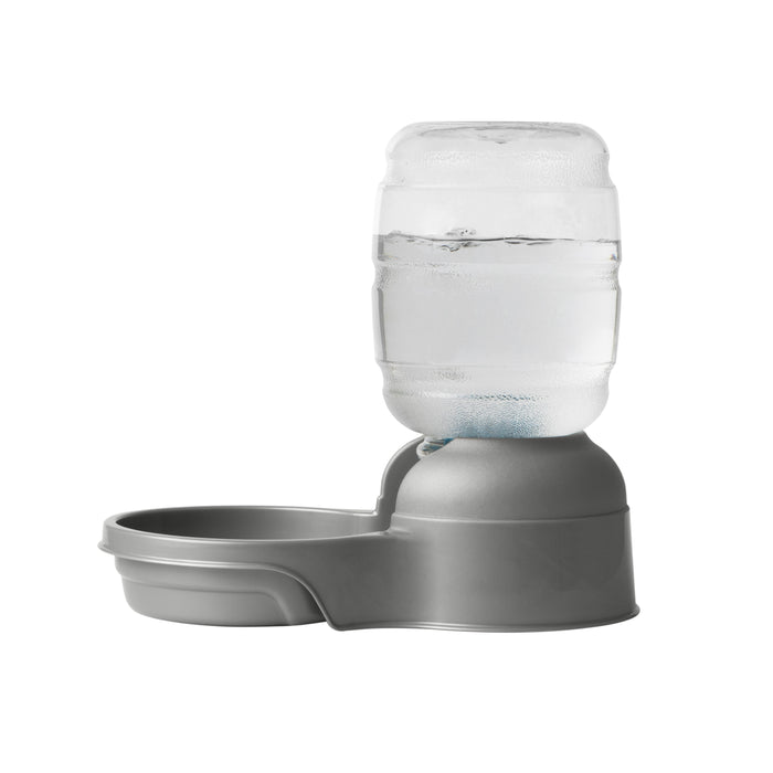 The Petmate Replendish Pet Waterer With Microban by Petmate is a gray automatic pet water dispenser with a clear bottle and filter, designed to keep your pet’s bowl refilled and water fresh. Shown on a white background.