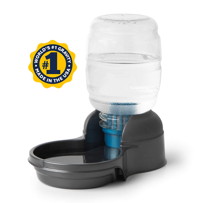 The Petmate Replendish 0.5 Gallon Filtered Pet Waterer with Gravity Refill features a clear container, dark gray base, and keeps pets hydrated easily. A yellow and blue badge says "World’s #1 Gravity, Made in the USA.