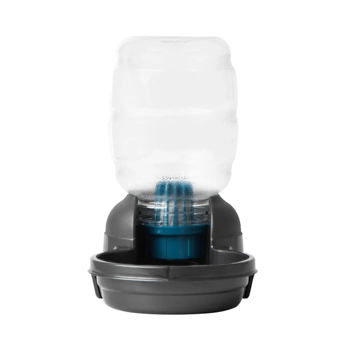 The Petmate Replendish 0.5 Gallon Filtered Pet Waterer with Gravity Refill offers automatic hydration, using a clear reservoir and dark gray base to ensure your pets always have access to fresh water.