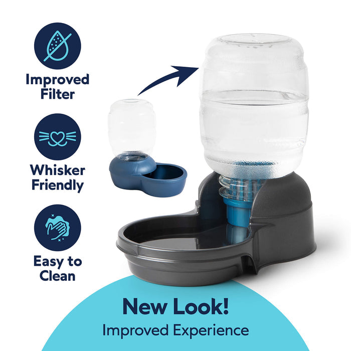 The Petmate Replendish 0.5 Gallon Filtered Pet Waterer with Gravity Refill features a clear bottle, dark gray base, whisker-friendly design, improved filter, and easy cleaning. New Look! Improved Experience.