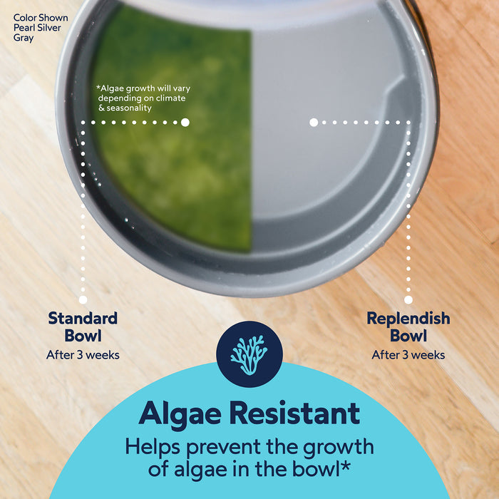 A top-down view of two pet water bowls after three weeks: the standard bowl shows green algae, while the Petmate Replendish Pet Waterer With Microban stays clean. Text highlights its algae-resistant feature by Petmate.