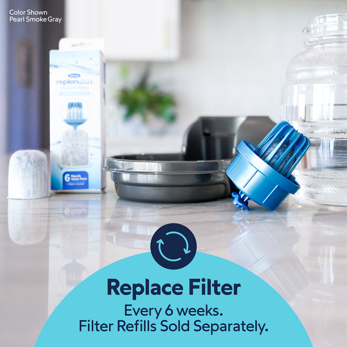 The Petmate Replendish Pet Waterer With Microban and its parts sit on a kitchen counter with a filtered dispenser, pitcher, filter box, and "Replace Filter Every 6 Weeks" text. Filter refills for this Petmate product are sold separately.