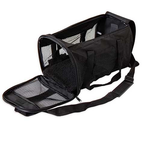 The Petmate Soft Sided Kennel Cab is a black pet carrier ideal for airline travel. It has mesh sides and an open zippered entrance, plus a shoulder strap and handle for easy carrying. The padded interior ensures your pets comfort.