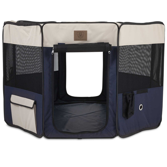 The Precision Pet Soft Side Play Yard by Precision Pet Products is a black and beige play yard for small pets, featuring mesh windows, a front zippered door, a side pocket, ventilation holes for comfort, and a foldable design. Its water-resistant material ensures durability.