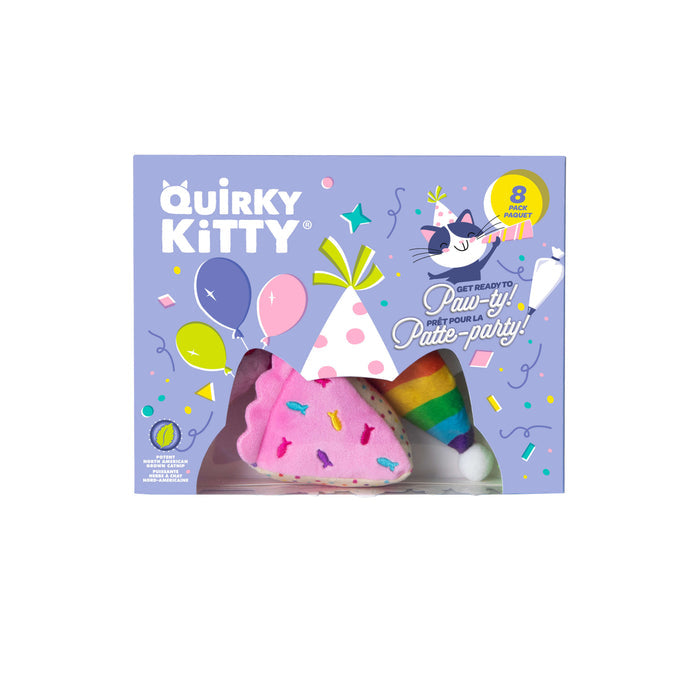 The Quirky Kitty Birthday Box 8pk by Quirky Kitty is a party-themed cat toy gift set, featuring a pink cake slice toy and rainbow-striped party hat, in purple packaging with balloons, confetti, and a cartoon cat—perfect for birthdays or Gotcha Days.