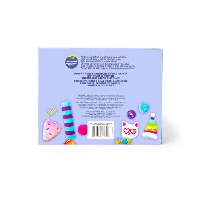 Back of Quirky Kitty Birthday Box 8pk – Birthday & Gotcha Day Cat Toy Gift Set by Quirky Kitty shows colorful cat birthday toy illustrations, product details, and info about potent North American catnip on a light purple background with barcode below.