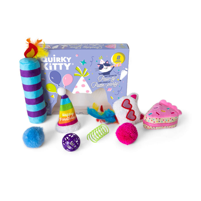 The Quirky Kitty Birthday Box 8pk – Birthday & Gotcha Day Cat Toy Gift Set includes colorful cat birthday toys like a striped cylinder, hat, cupcake, heart sunglasses, pom-pom, spring, balls, and comes in a festive Quirky Kitty box.