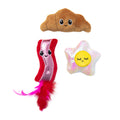 The Quirky Kitty Brunch Bunch 3-Pack Cat Toy Set with Catnip includes a croissant, a silver star with yellow center, and a red bacon strip with pink feather—fun interactive toys from Quirky Kitty for hours of feline play.