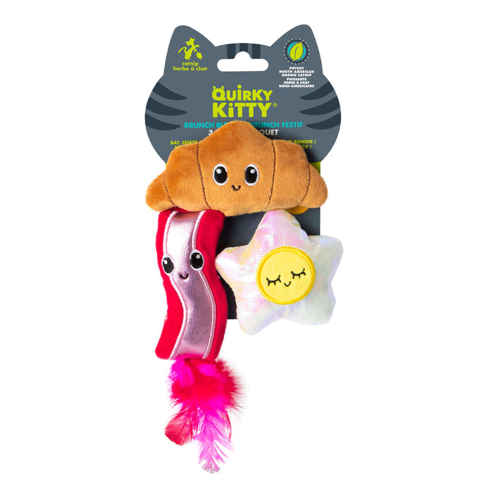 The Quirky Kitty Brunch Bunch 3-Pack Cat Toy Set with Catnip includes a plush croissant, a bacon strip with pink feather, and a pastel star—fun interactive toys from Quirky Kitty for playful cats.