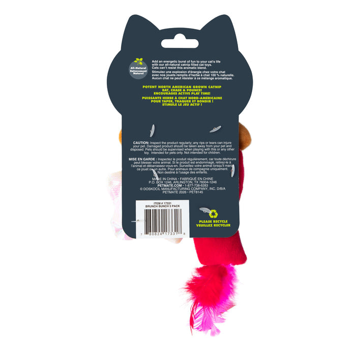 The image shows the back of a Quirky Kitty Brunch Bunch 3-Pack Cat Toy Set with Catnip package, shaped like a cat’s head, with two plush toys—one white with pink and blue, and one red with feathers—attached. Product details are printed on the package.