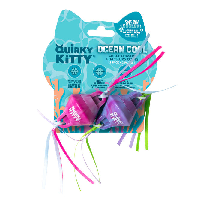 Two Quirky Kitty Chilly Chasers 2pk – Freeze & Play Cat Toys, by Quirky Kitty, shaped like mice with ribbon tails, are shown in teal cat-shaped packaging with playful text and blue, pink, and green accents.