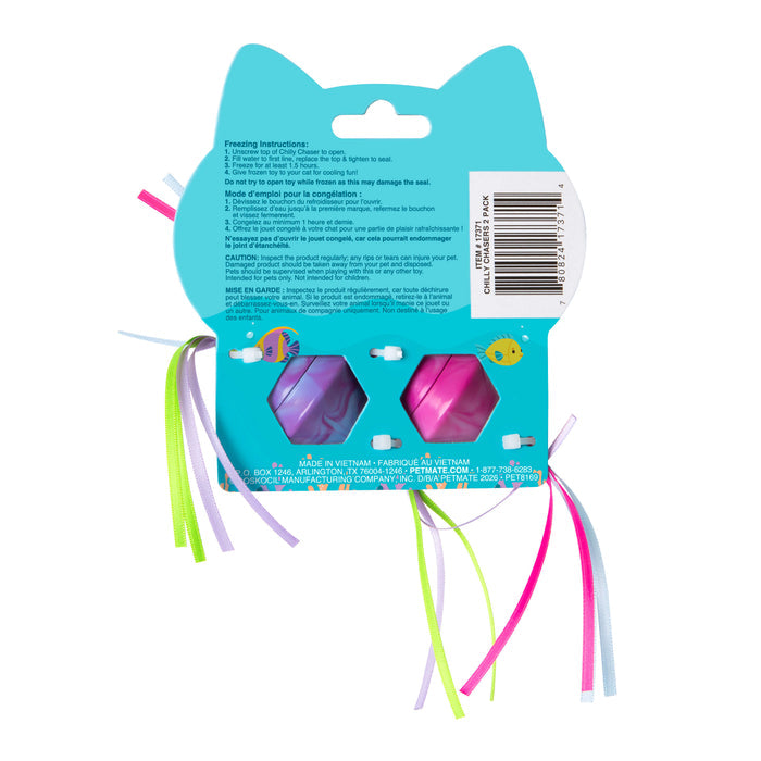 Back of a Quirky Kitty Chilly Chasers 2pk – Freeze & Play Cat Toy Set box, showing colorful ribbons, text, barcode, and two clear windows with shiny pink and purple cat toys inside. Brand: Quirky Kitty.
