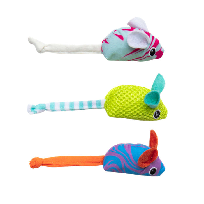 The Quirky Kitty Cool Mice 3 Pack features ocean-themed catnip toys in blue and pink, lime green and aqua mesh, and blue and orange with red ears—each mouse has a long tail for interactive feline play.