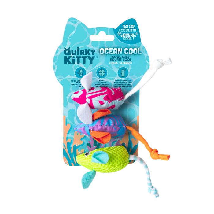 The Quirky Kitty Cool Mice 3 Pack features ocean-themed, catnip-filled mice in pink, blue, and green with fabric tails—perfect cooling cat toys for playful cats. Comes in a fun Quirky Kitty Ocean Cool package.