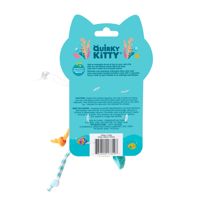 Back of a Quirky Kitty Cool Mice 3 Pack, shaped like a cat’s head with playful ocean graphics, caution and care details, and barcode at the bottom. Colorful fabric mice toys with catnip extend from the sides and bottom. Brand: Quirky Kitty.