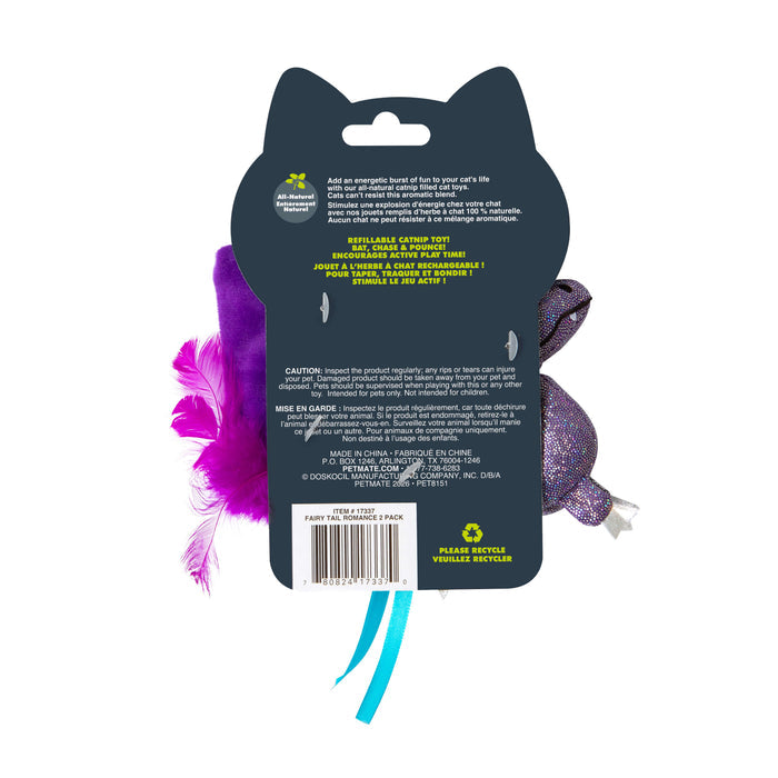 Back of Quirky Kitty Fairy Tail Romance 2pk Cat Toy Set with Catnip package, showing safety and recycling info in English/French. Purple and pink cat toys with blue ribbons partly visible, from the Quirky Kitty collection.