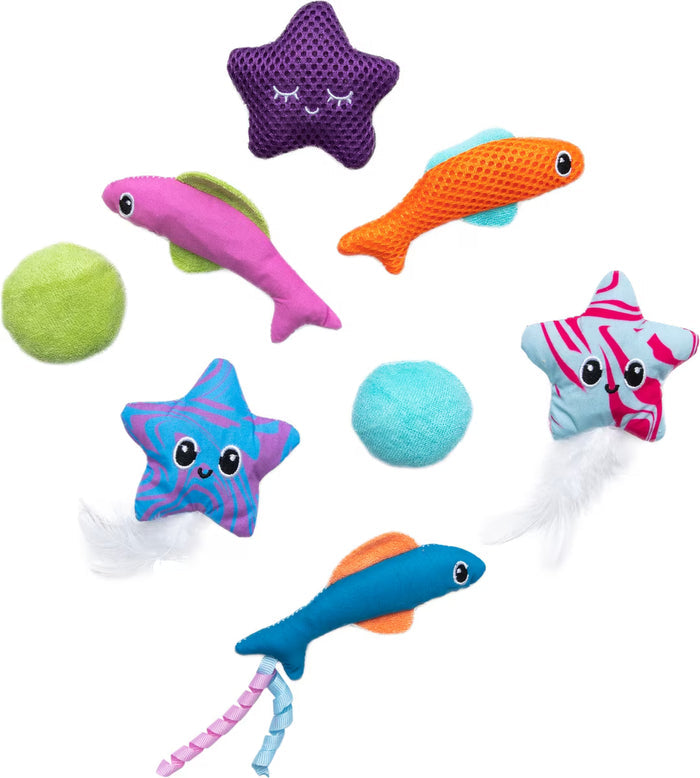 Eight colorful cat toys from Quirky Kitty’s Fish Bowl 8pk, shaped like stars, fish, and balls with playful patterns, mesh textures, feathers, and ribbons, arranged on a white background.