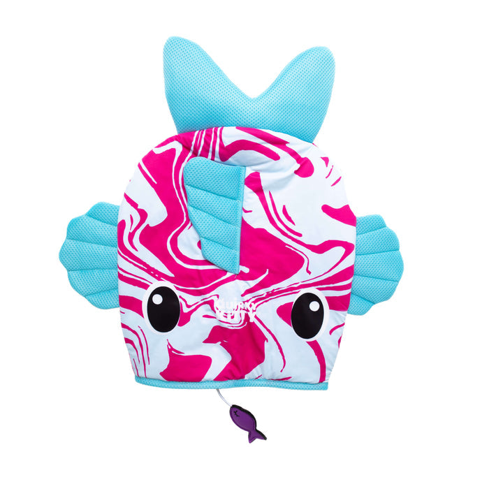The Quirky Kitty Fish Cooling Mat is an ocean-themed cat play mat shaped like a colorful fish, featuring blue fins, a marbled pink and white body, cartoon eyes, and a small purple fish toy for interactive feline fun.