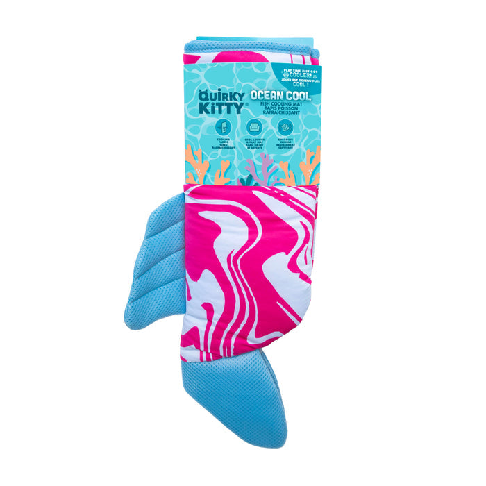 The Quirky Kitty Fish Cooling Mat is an ocean-themed pink and white marbled cat play mat with blue textured fins, perfect for pairing with your cat’s favorite toys for extra fun.