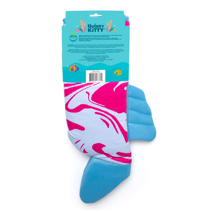 The Quirky Kitty Fish Cooling Mat is an ocean-themed, pink, white, and blue cat play mat shaped like a fish—perfect for endless feline fun. Comes in blue packaging labeled "Quirky Kitty" and features colorful underwater illustrations.