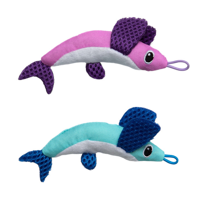 The Quirky Kitty Flying Fish 2pk—Interactive Catnip Cat Toys with Slingshot—features one pink and one blue plush fish with big eyes, textured fins, white bellies, and elastic loops for fun cooling play by Quirky Kitty.