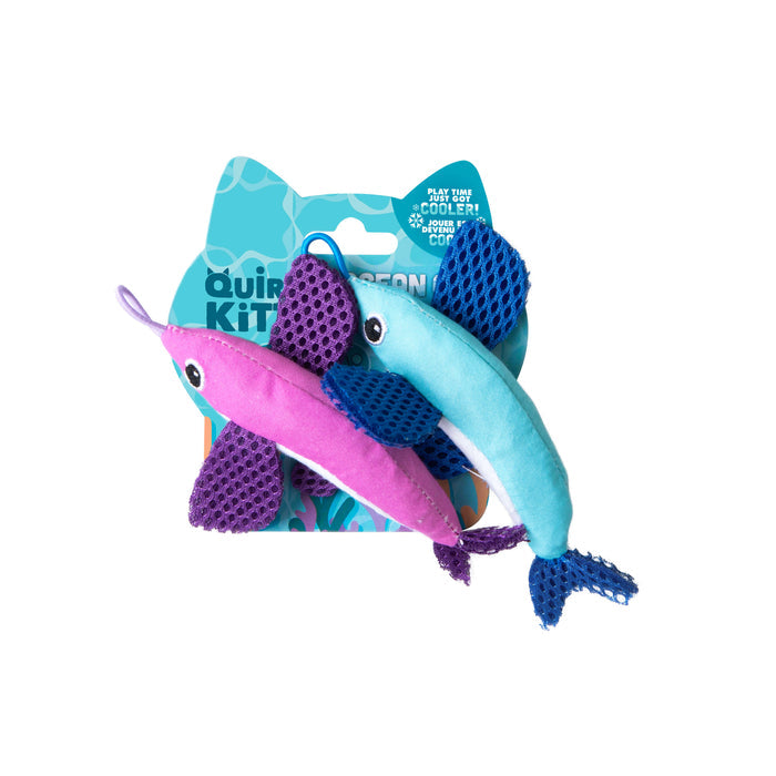 The Quirky Kitty Flying Fish 2pk – Interactive Catnip Cat Toys with Slingshot features two plush, textured catfish toys in vibrant colors—perfect for playful cats. Shown with Quirky Kitty packaging, these toys are sure to delight your feline.