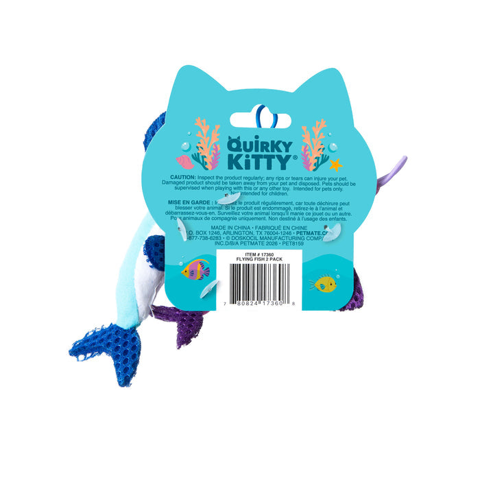 A cat-shaped Quirky Kitty tag is attached to the blue and purple Flying Fish plush toys, featuring coral and fish graphics, branding, and safety info. This 2-pack includes interactive slingshot catnip toys with shiny textured tails.