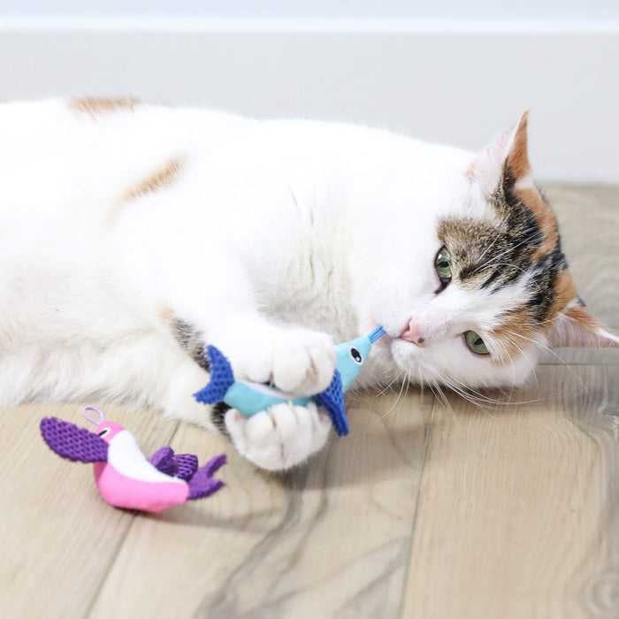 A white and brown cat lies on a wooden floor, chewing on a blue Quirky Kitty Flying Fish Interactive Catnip Cat Toy with Slingshot. Another pink bird toy rests nearby.