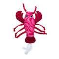The Quirky Kitty Fresh Lobster Kicker is an ocean-themed cat toy with catnip and cooling materials, featuring pink and red swirls, textured claws, red legs and antennae, and a fluffy white tail—perfect for playful kicks.