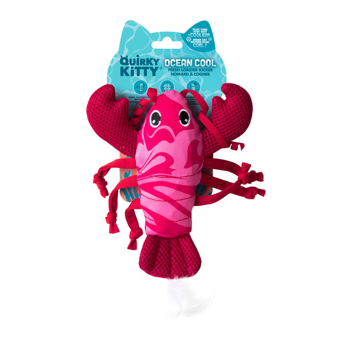 Quirky Kitty Fresh Lobster Kicker is an ocean-themed cat toy with catnip and cooling materials, featuring a plush pink lobster with a smiling face—perfect for playful kitties seeking a refreshing playtime experience.