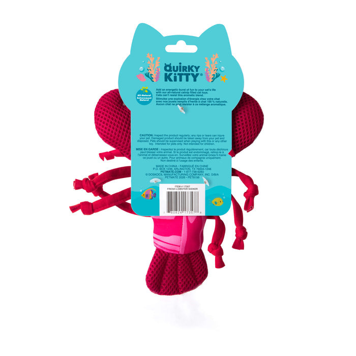 The Quirky Kitty Fresh Lobster Kicker is an ocean-themed pink cat kicker toy with catnip and cooling materials, shown from the back with a blue Quirky Kitty tag featuring underwater illustrations and product details.