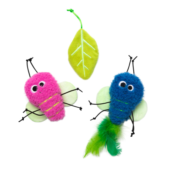 Quirky Kitty Glow Bugs 3pk—catnip & silvervine cat toys that glow in the dark—feature cute plush bugs and a green felt leaf, making them the perfect nighttime playtime set for your cat.