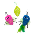 Quirky Kitty Glow Bugs 3pk—catnip & silvervine cat toys that glow in the dark—feature cute plush bugs and a green felt leaf, making them the perfect nighttime playtime set for your cat.