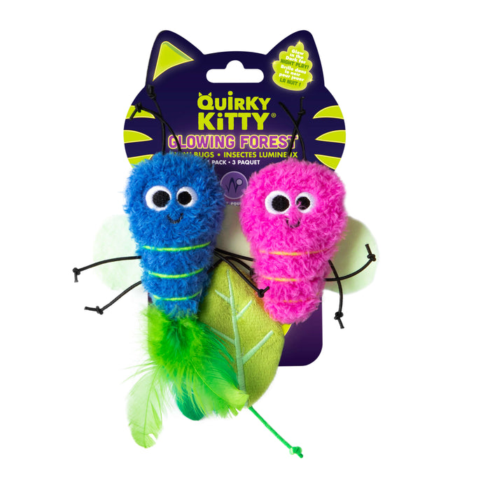 Quirky Kitty Glow Bugs 3pk—Catnip & Silvervine cat toys that glow in the dark—features colorful plush bugs with googly eyes, string legs, and feather tails in fun Quirky Kitty packaging shaped like a cat’s head.