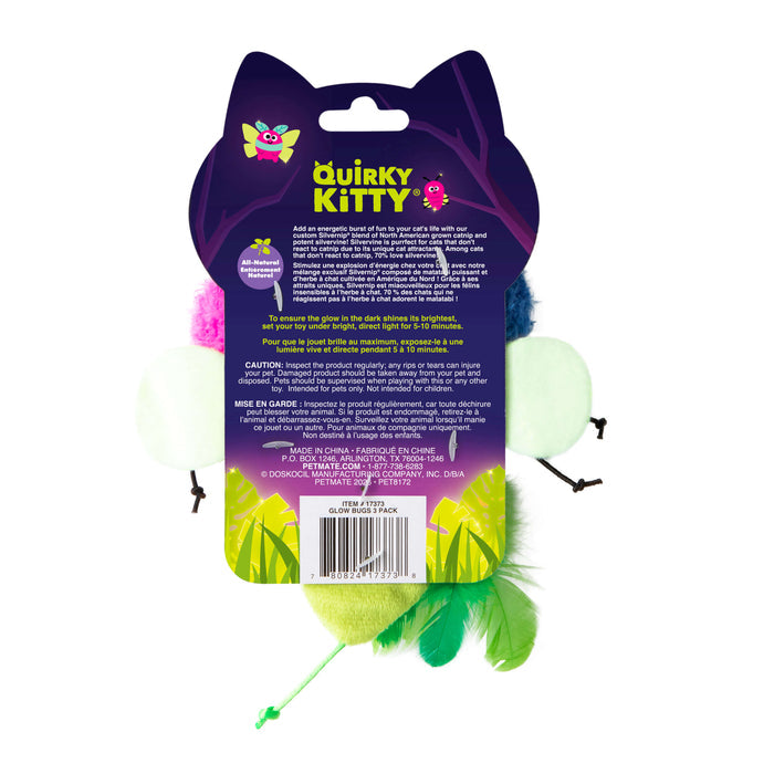 Back of Quirky Kitty Glow Bugs 3pk – Catnip & Silvervine Cat Toys That Glow in the Dark by Quirky Kitty, showing colorful graphics, care instructions, warnings, and partially visible plush toys with feathers and string.