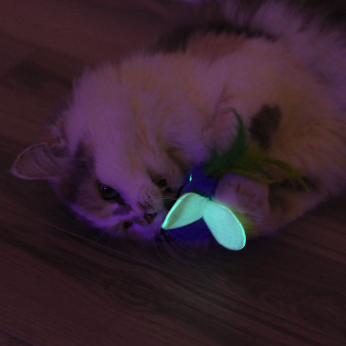 A white and gray cat plays on a wooden floor with a Quirky Kitty Glow Bugs catnip & silvervine toy from Quirky Kitty, featuring bright glow-in-the-dark wings and green feathers.