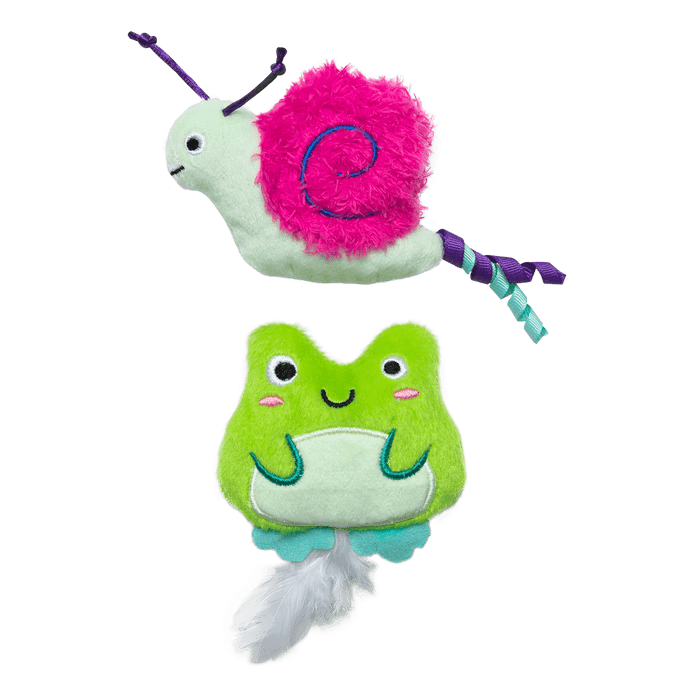 The Quirky Kitty Glow Critters 2-Pack features glow-in-the-dark catnip and silvervine toys—a plush snail with a pink shell and a plush green frog—adorable playtime companions for your cat, shown on a white background.