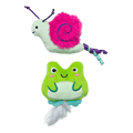 The Quirky Kitty Glow Critters 2-Pack features glow-in-the-dark catnip and silvervine toys—a plush snail with a pink shell and a plush green frog—adorable playtime companions for your cat, shown on a white background.