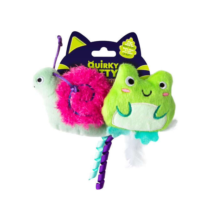 Quirky Kitty Glow Critters 2-Pack features glow-in-the-dark cat toys with catnip and silvervine, including a green frog and pink-shelled snail on striped sticks with feathers, attached to a Quirky Kitty branded card.
