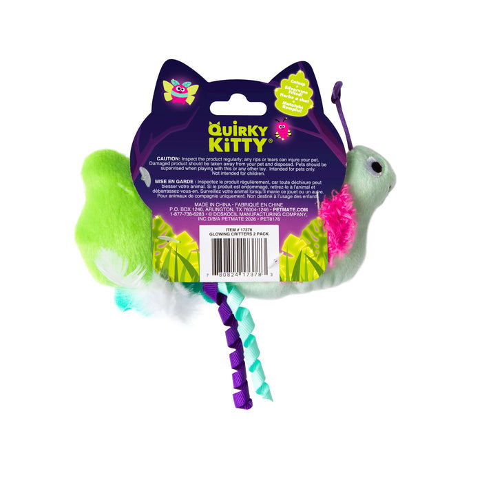 Quirky Kitty Glow Critters 2-Pack features glow-in-the-dark cat toys with colorful fuzzy bodies, ribbon tails, and catnip & silvervine. Packaging displays the Quirky Kitty brand plus product info and barcode on the back.