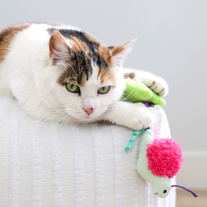 A white and brown cat with green eyes lounges on a white textured surface, resting its paw on a Quirky Kitty Glow Critters glow-in-the-dark catnip toy from the 2-pack by Quirky Kitty.