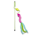 The Quirky Kitty Glow Snake Wand – Glowing Forest Cat Toy with Catnip & Silvervine features a green string, pink and white spotted fish, blue ruffled streamers, and a leaf-shaped decoration for extra feline fun.