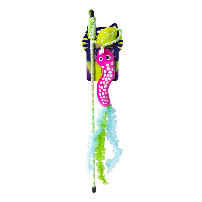 The Quirky Kitty Glow Snake Wand – Glowing Forest Cat Toy with Catnip & Silvervine features a green and white striped handle, pink plush worm, green leaf, blue streamers—perfect for playtime. Shown on a white background.