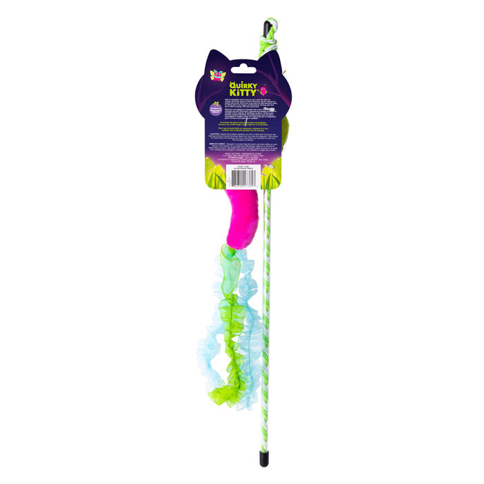 The Quirky Kitty Glow Snake Wand is a colorful interactive cat toy featuring a striped handle, pink plush, green and blue ruffled streamers, catnip, and silvervine. Packaging has cat ear shape and reads Quirky Kitty.