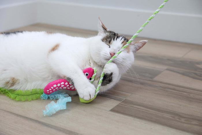 A white and tabby cat lies on a wooden floor, hugging the Quirky Kitty Glow Snake Wand by Quirky Kitty, a glowing forest cat toy with catnip and silvervine, while playing contentedly with its green striped string.