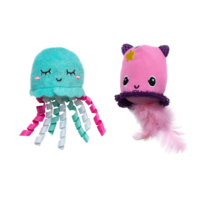 The Quirky Kitty Jellyfish & Chill 2-Pack Cat Toys with Catnip includes a turquoise jellyfish with ribbon tentacles and a pink round toy with cat ears, yellow star, purple frill, and pink feathers.