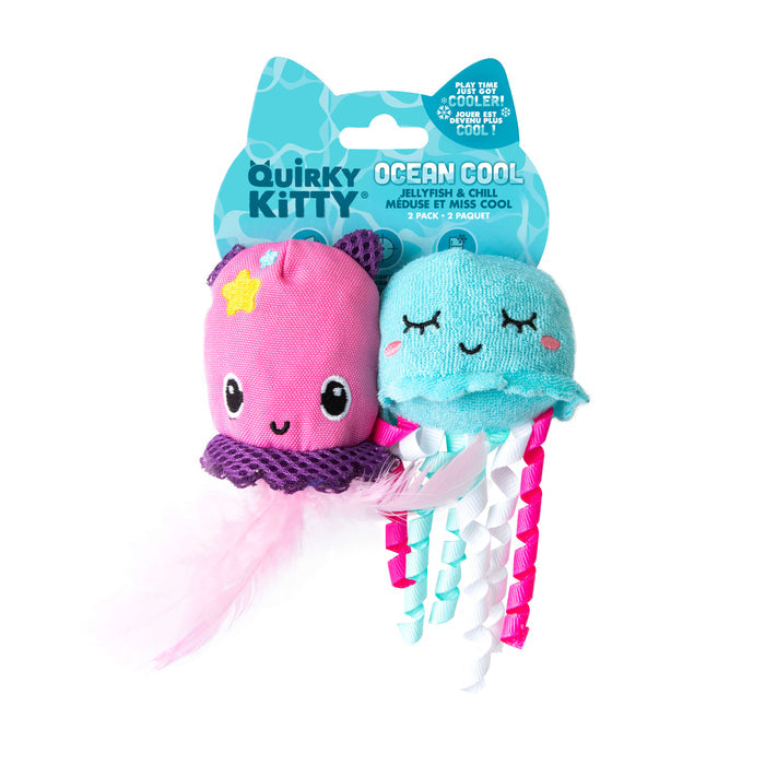 The Quirky Kitty Jellyfish & Chill 2-Pack Cat Toys with Catnip features two plush jellyfish—one pink, one blue with ribbon tentacles—displayed on a Quirky Kitty card. Fun, cooling cat toys perfect for playful kitties.