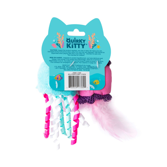 The Quirky Kitty Jellyfish & Chill 2-Pack Cat Toys with Catnip by Quirky Kitty features playful sea creature designs, caution text, and two catnip-filled toys: a blue jellyfish with ribbons and a purple jellyfish with lace.
